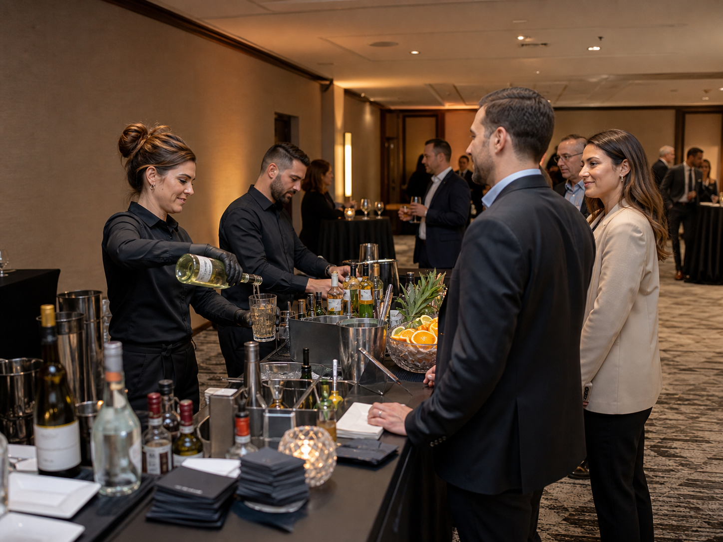 Bartenders serving guests at a corporate event bar.