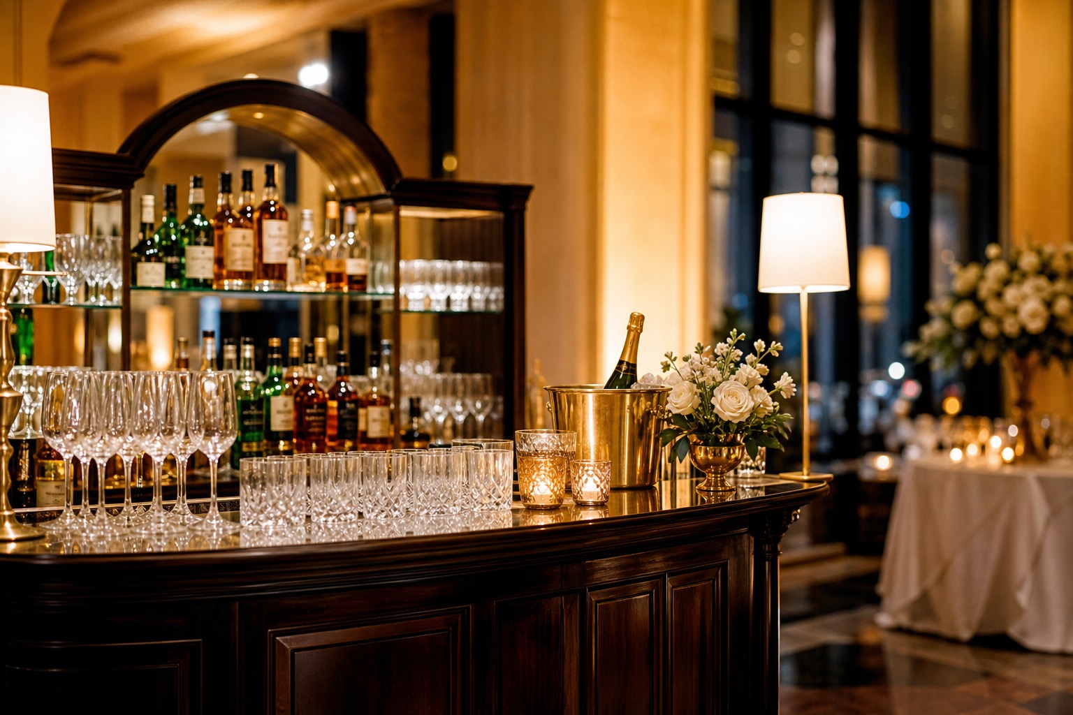 Elegant event cocktail bar with polished wood, glassware, and soft lighting.